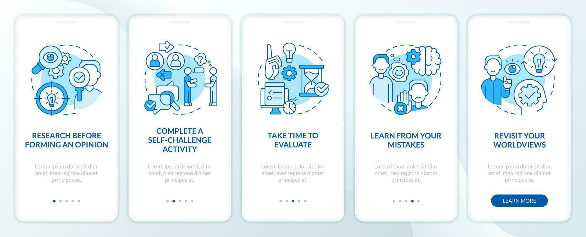 Avoiding confirmation bias tips blue onboarding mobile app screen. Walkthrough 5 steps editable graphic instructions with linear concepts. UI, UX, GUI template vector