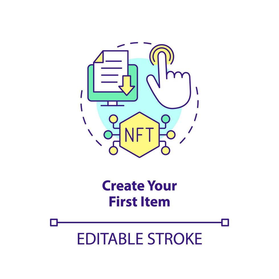 Create your first item concept icon. Upload file on marketplace. NFTs minting process abstract idea thin line illustration. Isolated outline drawing. Editable stroke vector