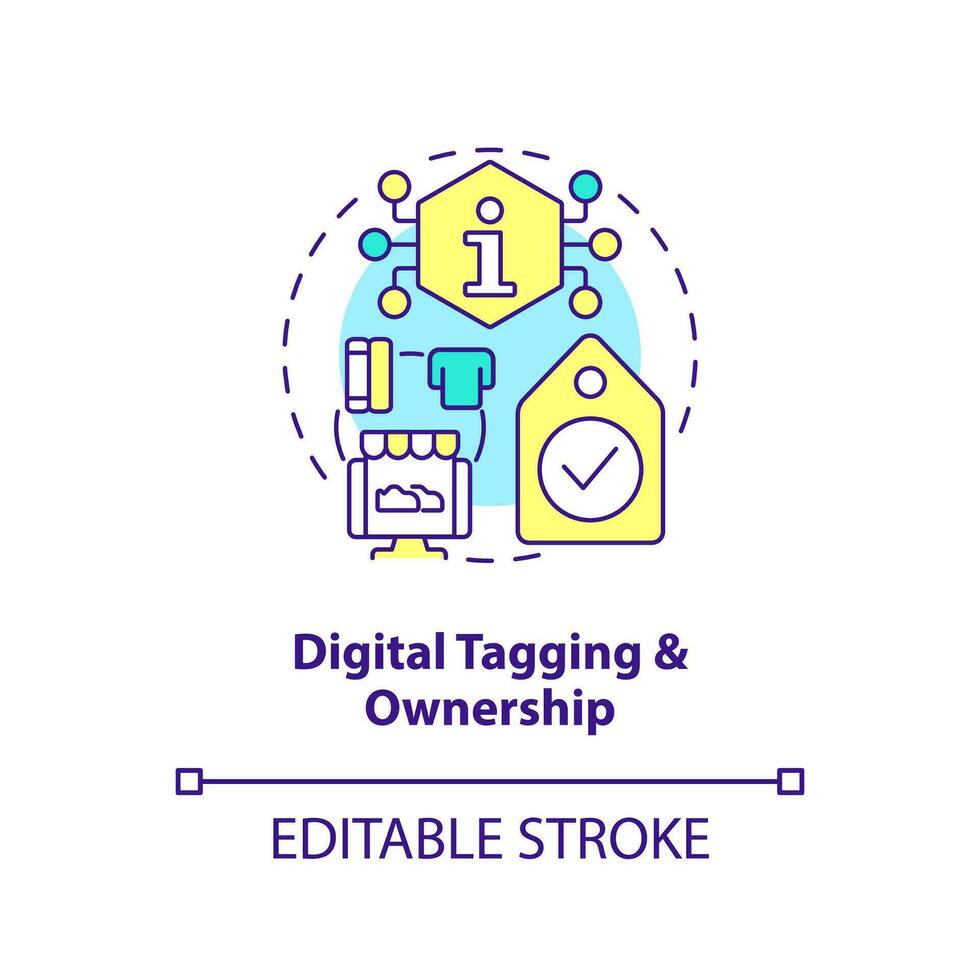 Digital tagging and ownership concept icon. Property right. Trend in NFT space abstract idea thin line illustration. Isolated outline drawing. Editable stroke vector