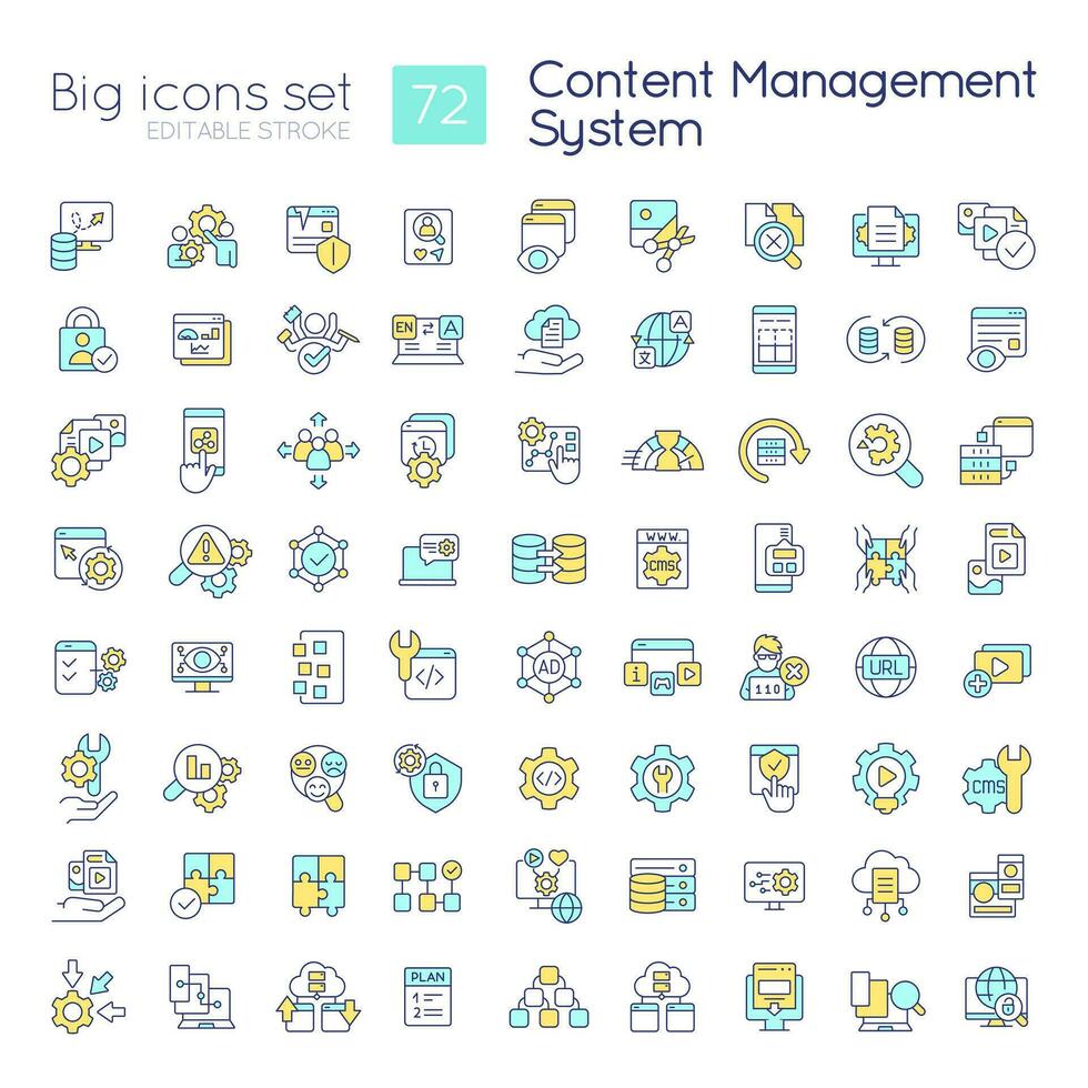 Content management system RGB color icons set. Website optimization. Isolated vector illustrations. Simple filled line drawings collection. Editable stroke used