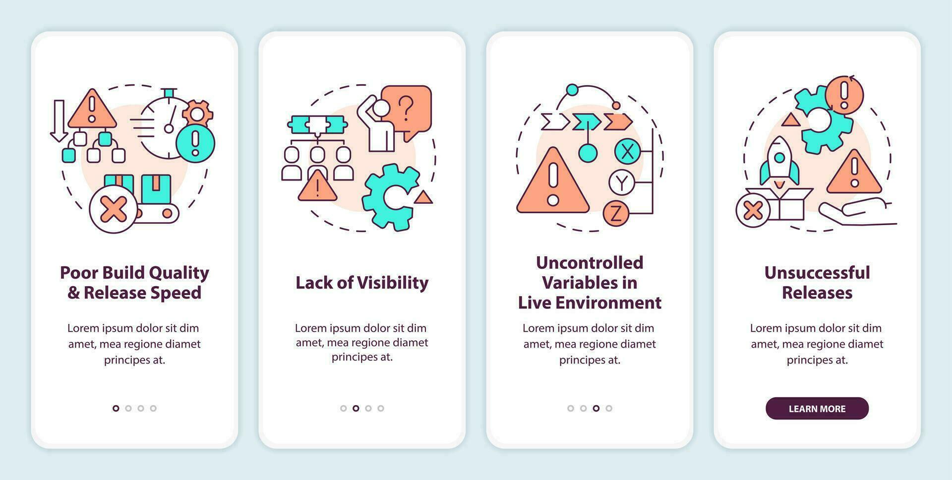 Common release management challenges onboarding mobile app screen. Walkthrough 4 steps editable graphic instructions with linear concepts. UI, UX, GUI template vector