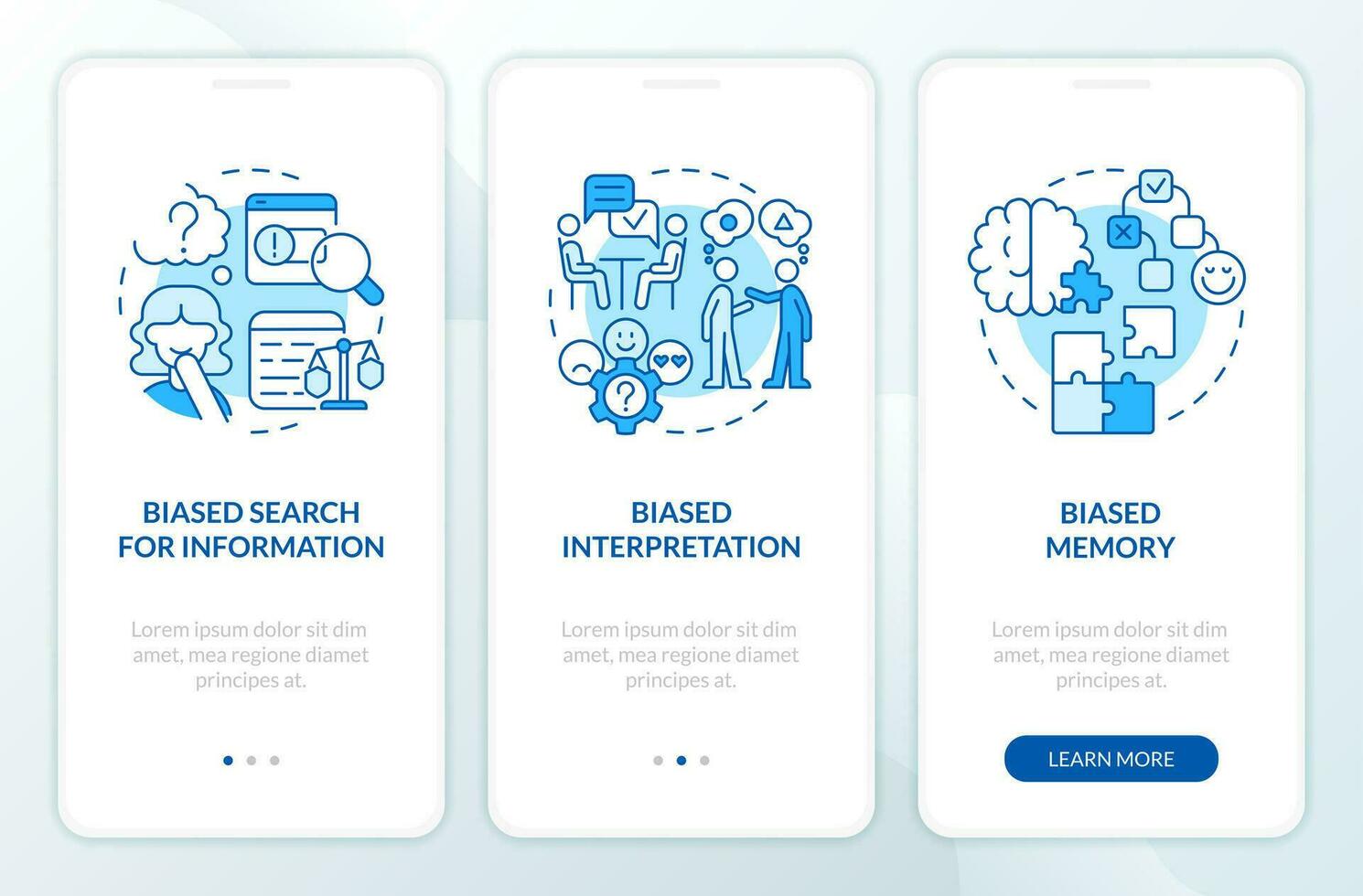 Types of cognitive bias blue onboarding mobile app screen. Walkthrough 3 steps editable graphic instructions with linear concepts. UI, UX, GUI template vector