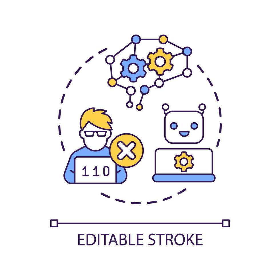 Automate business process concept icon. Integrating robots into workplace. Machine replace human abstract idea thin line illustration. Isolated outline drawing. Editable stroke vector