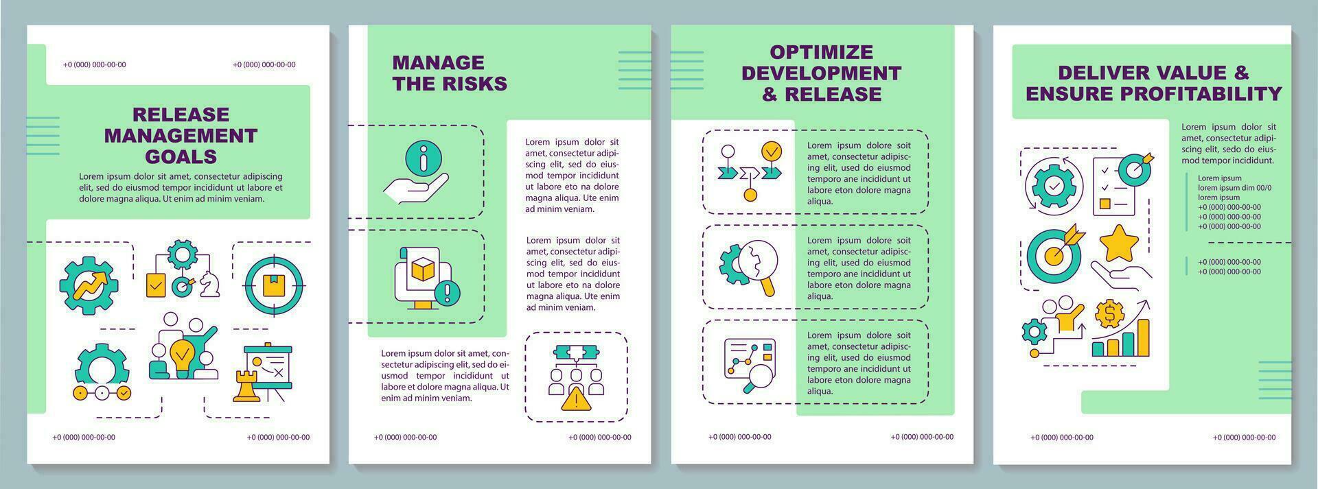 Release management purposes brochure template. Product development. Leaflet design with linear icons. Editable 4 vector layouts for presentation, annual reports