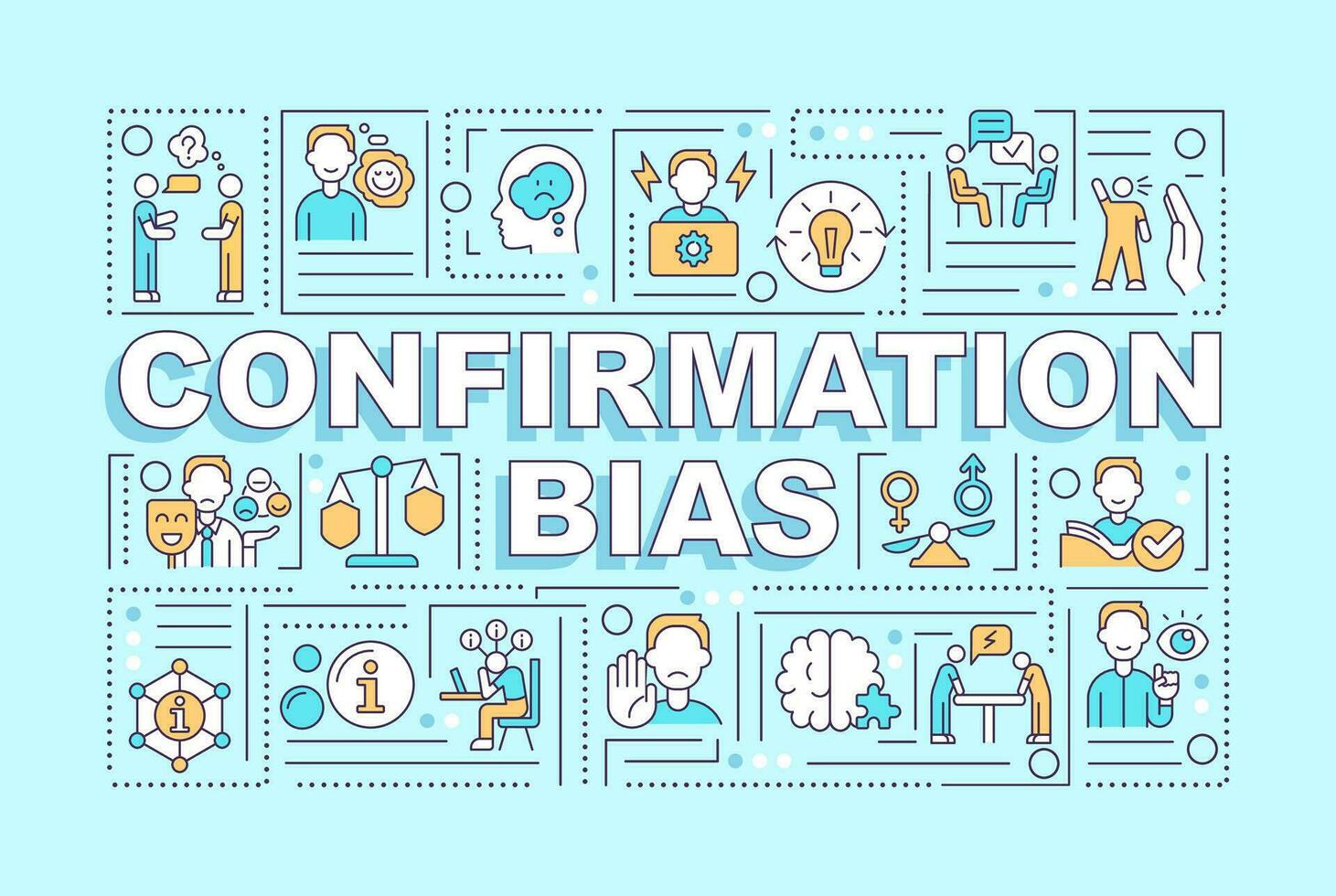 Confirmation bias word concepts light blue banner. Decision making. Infographics with editable icons on color background. Isolated typography. Vector illustration with text