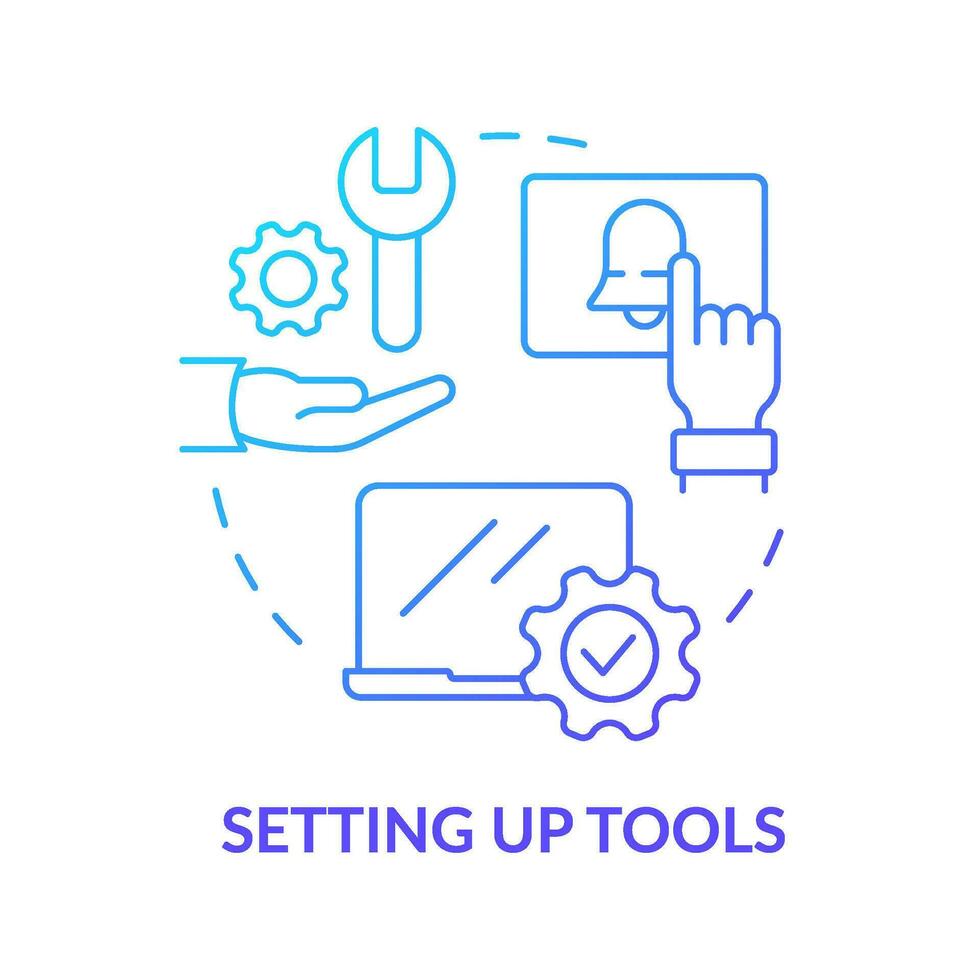 Setting up tools blue gradient concept icon. Workplace equipment. New hire customer service training step abstract idea thin line illustration. Isolated outline drawing vector