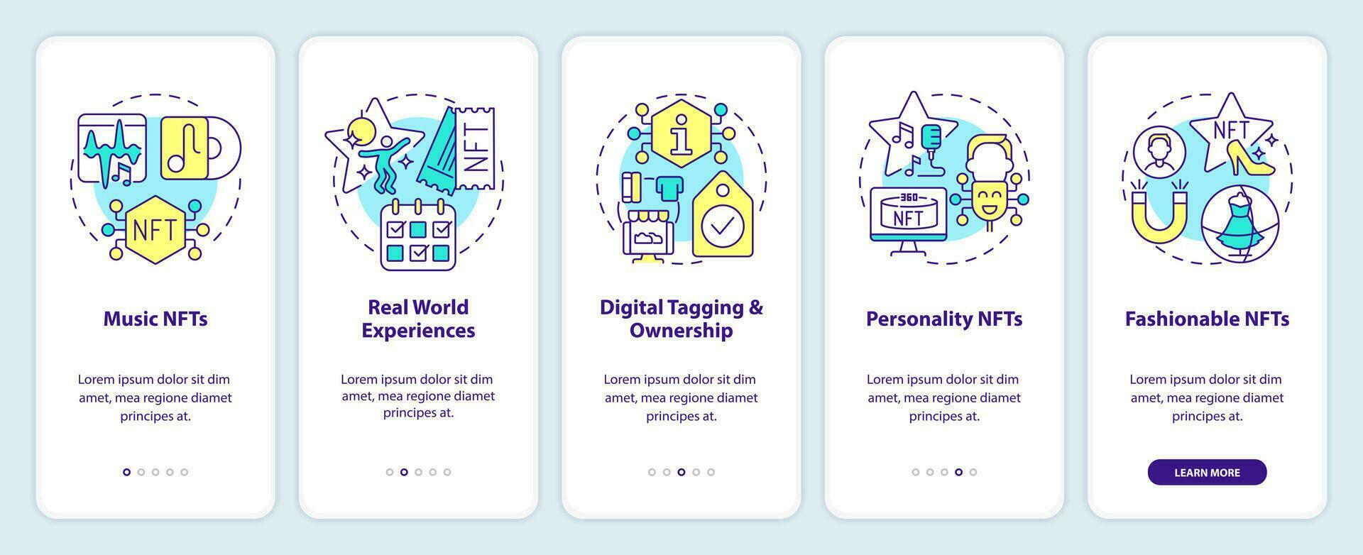 Trends in NFT space onboarding mobile app screen. Development walkthrough 5 steps editable graphic instructions with linear concepts. UI, UX, GUI template vector