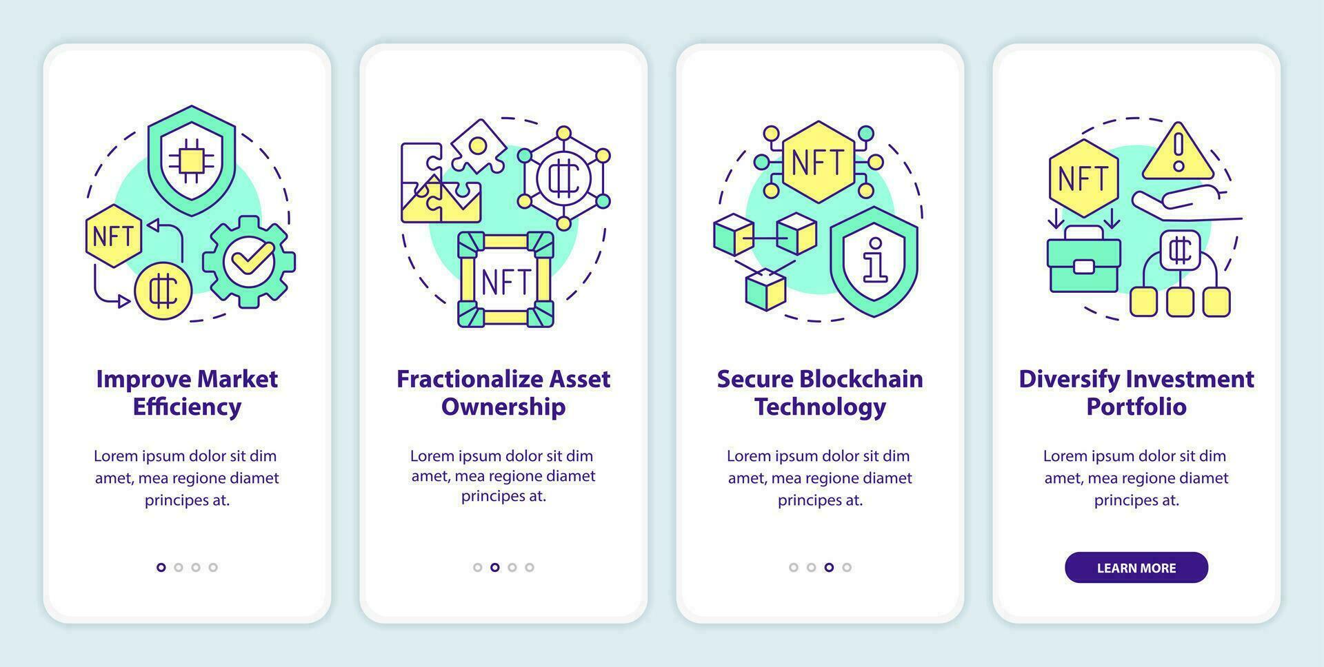NFT benefits onboarding mobile app screen. Digital artworks walkthrough 4 steps editable graphic instructions with linear concepts. UI, UX, GUI template vector