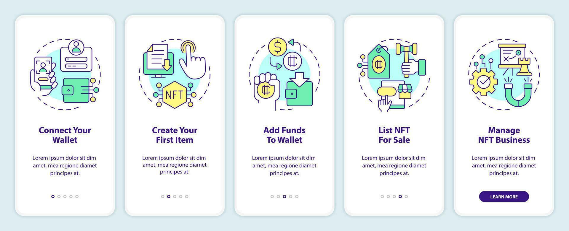 NFTs minting process onboarding mobile app screen. Technology walkthrough 5 steps editable graphic instructions with linear concepts. UI, UX, GUI template vector