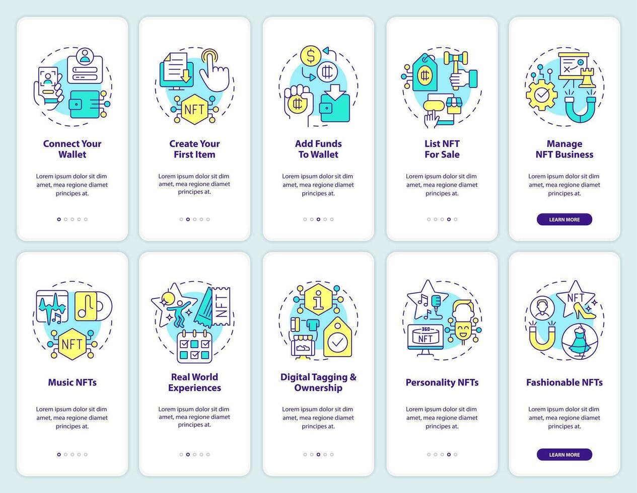 NFTs minting and trends onboarding mobile app screen set. Blockchain walkthrough 5 steps editable graphic instructions with linear concepts. UI, UX, GUI template vector