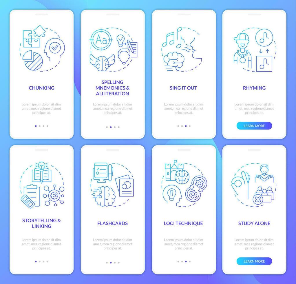 Verbal memorizing methods blue gradient onboarding mobile app screen set. Learn walkthrough 4 steps graphic instructions with linear concepts. UI, UX, GUI template vector
