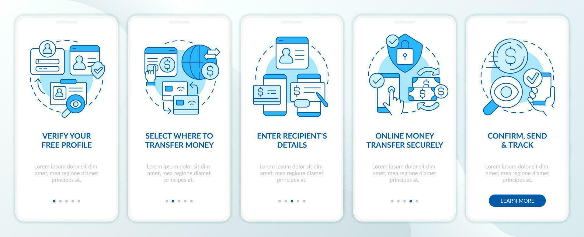 Transferring funds blue onboarding mobile app screen. Digital wallet walkthrough 5 steps editable graphic instructions with linear concepts. UI, UX, GUI template vector