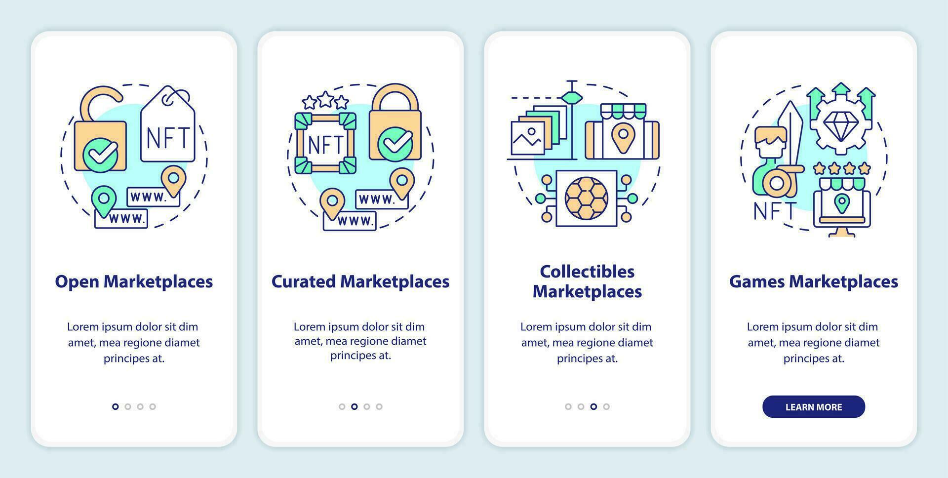 NFT marketplace categories onboarding mobile app screen. Business walkthrough 4 steps editable graphic instructions with linear concepts. UI, UX, GUI template vector
