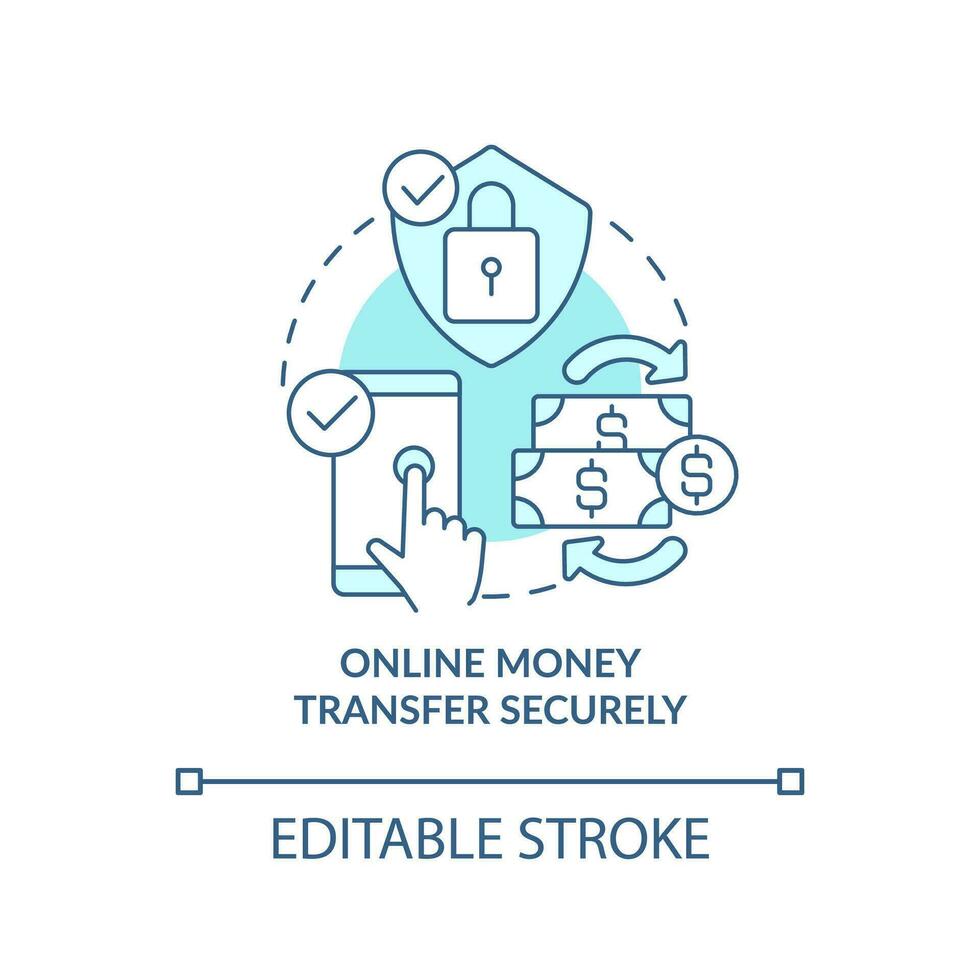 Online money transfer securely turquoise concept icon. Net banking. Instant payments abstract idea thin line illustration. Isolated outline drawing. Editable stroke vector