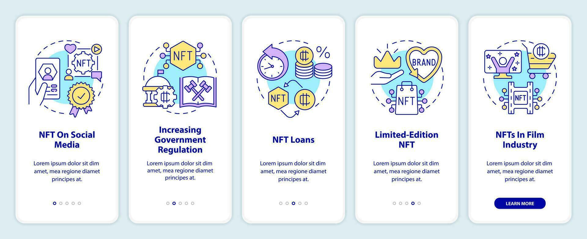 Promising NFT trends onboarding mobile app screen. Blockchain walkthrough 5 steps editable graphic instructions with linear concepts. UI, UX, GUI template vector