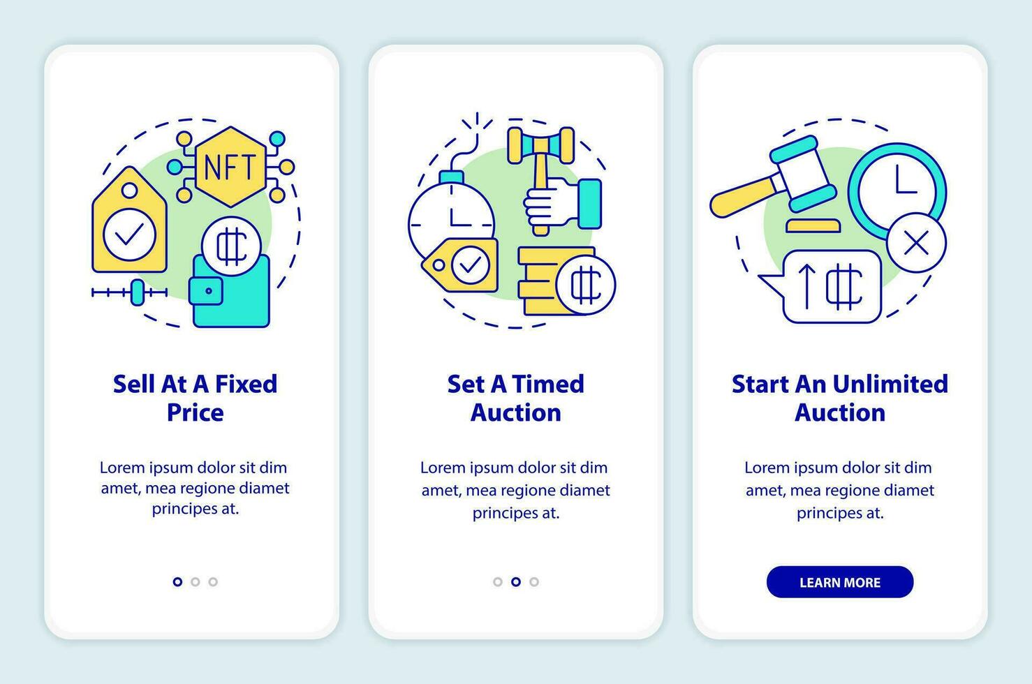 Ways of selling NFTs onboarding mobile app screen. Business walkthrough 3 steps editable graphic instructions with linear concepts. UI, UX, GUI template vector