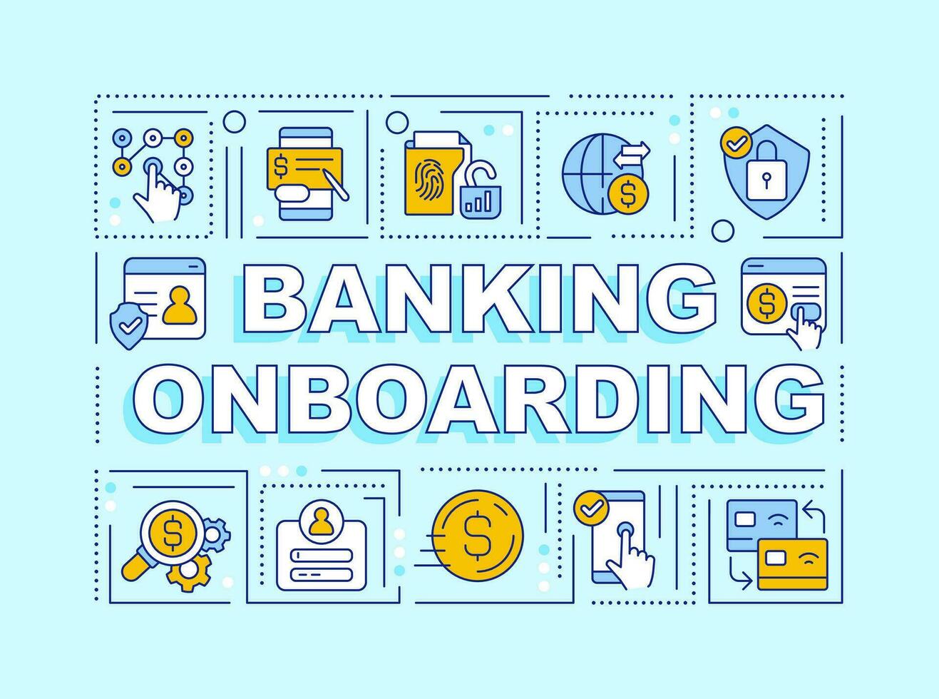 Banking onboarding word concepts turquoise banner. Digital wallet. Infographics with editable icons on color background. Isolated typography. Vector illustration with text