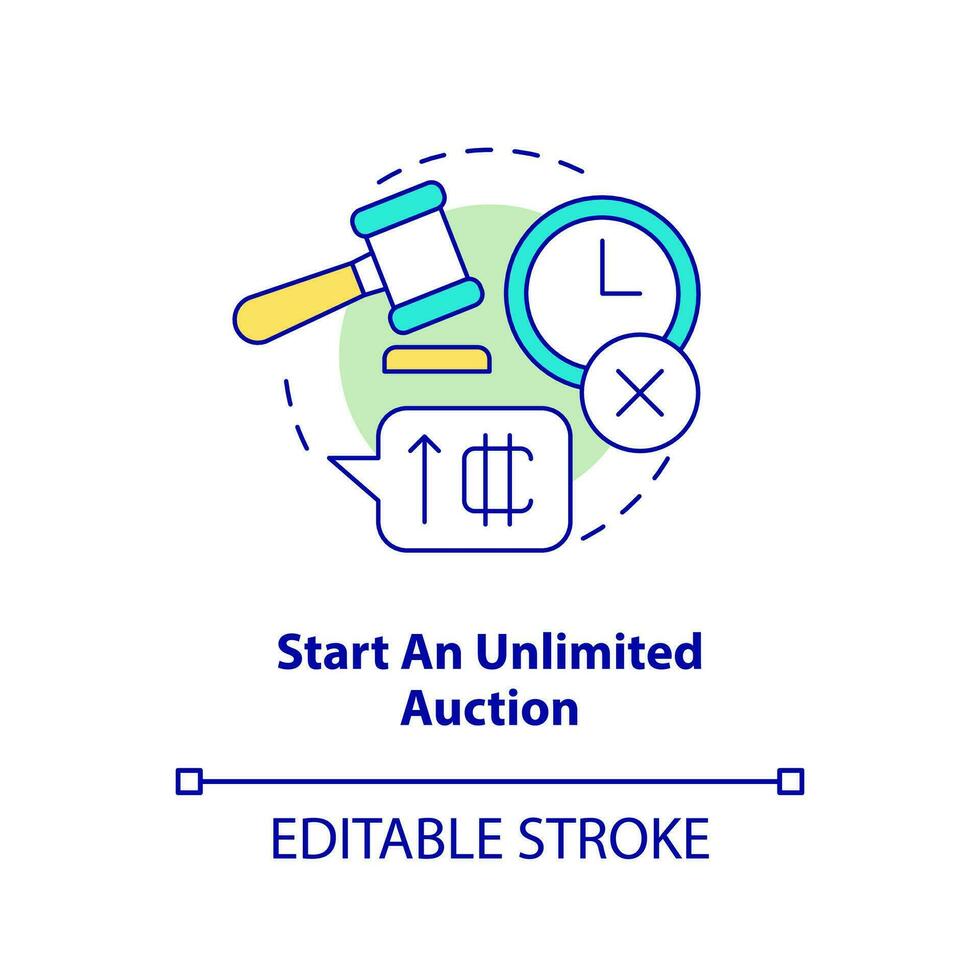 Start an unlimited auction concept icon. Monetization. Way of NFTs selling abstract idea thin line illustration. Isolated outline drawing. Editable stroke vector