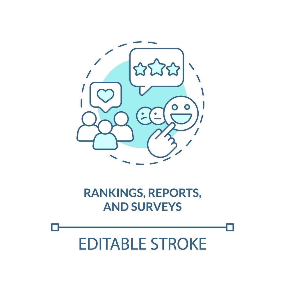 Check company reputation turquoise concept icon. Rankings, reports and surveys abstract idea thin line illustration. Isolated outline drawing. Editable stroke vector