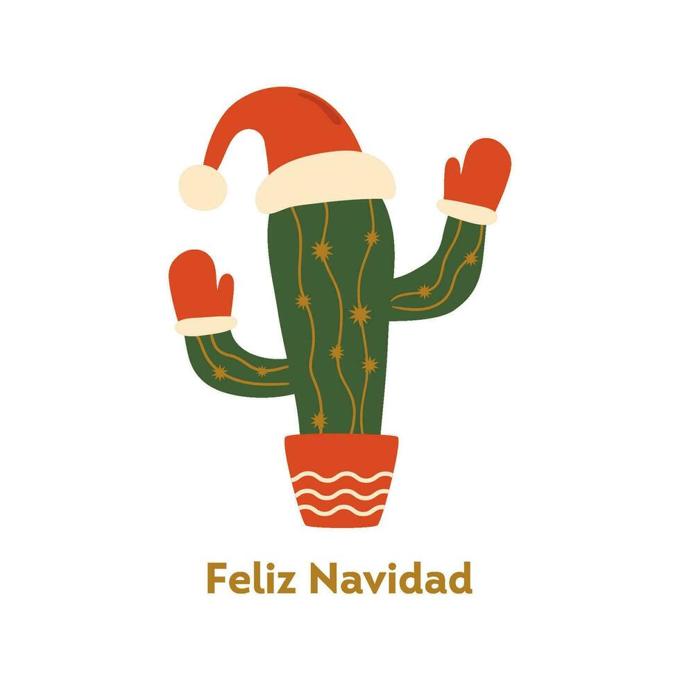 Christmas cactus in Santa hat in the pot. Text in Spanish Feliz Navidad means Merry Christmas. Vector greeting element isolated on white. Cute tropical winter holiday illustration.