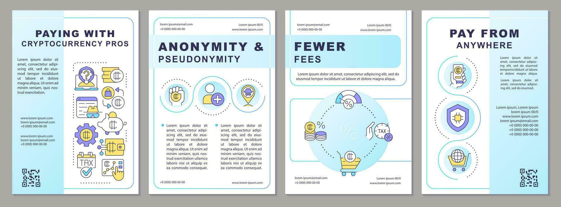 Paying with cryptocurrency pros blue gradient brochure template. Leaflet design with linear icons. 4 vector layouts for presentation, annual reports