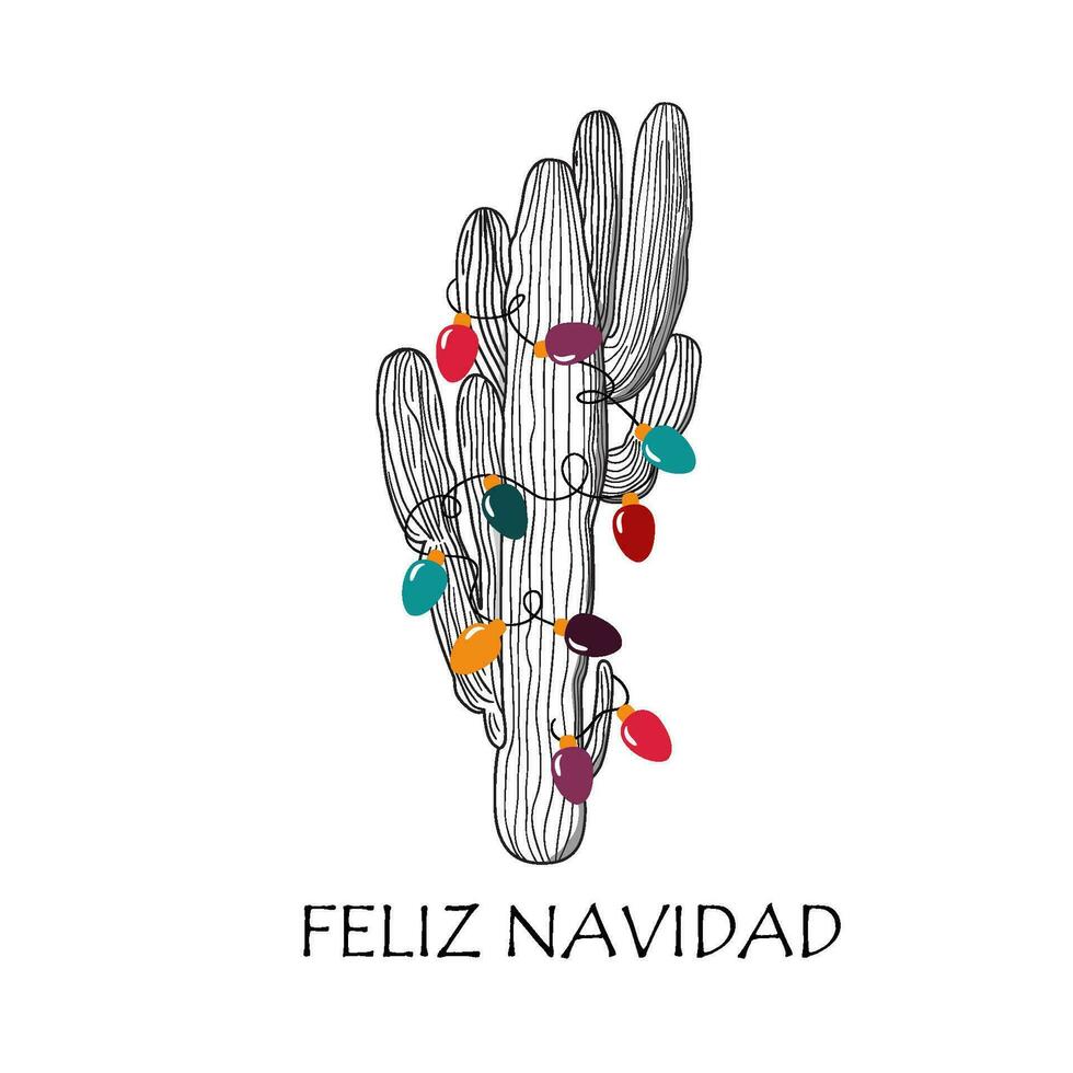 Navidad cactus con luces ilustración para tropical Navidad decoración. moderno línea Arte cactus elemento con texto alegre Navidad en español. negro y blanco cactus imprimir, vector botánico Desierto impresión.