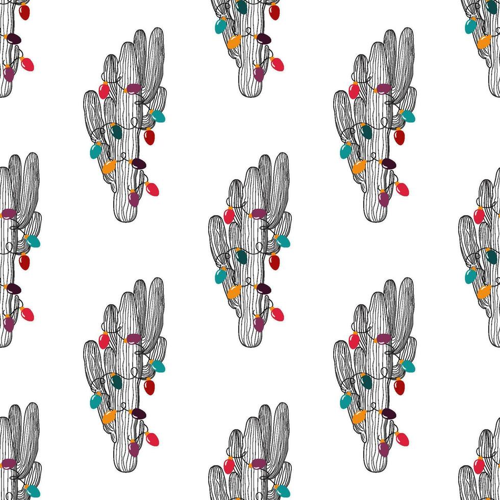 Tropical Christmas Cactus with lights seamless pattern in minimalistic black and white sketch style. Winter holiday repeat background. Spanish graphic Christmas wallpaper, print, fabric in vector. vector