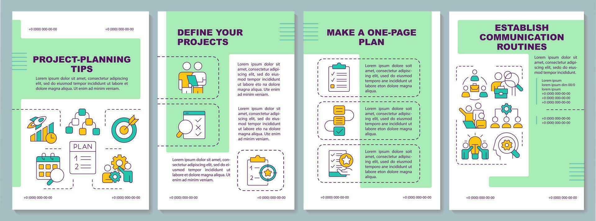 Tips for project planning green brochure template. Management. Leaflet design with linear icons. Editable 4 vector layouts for presentation, annual reports