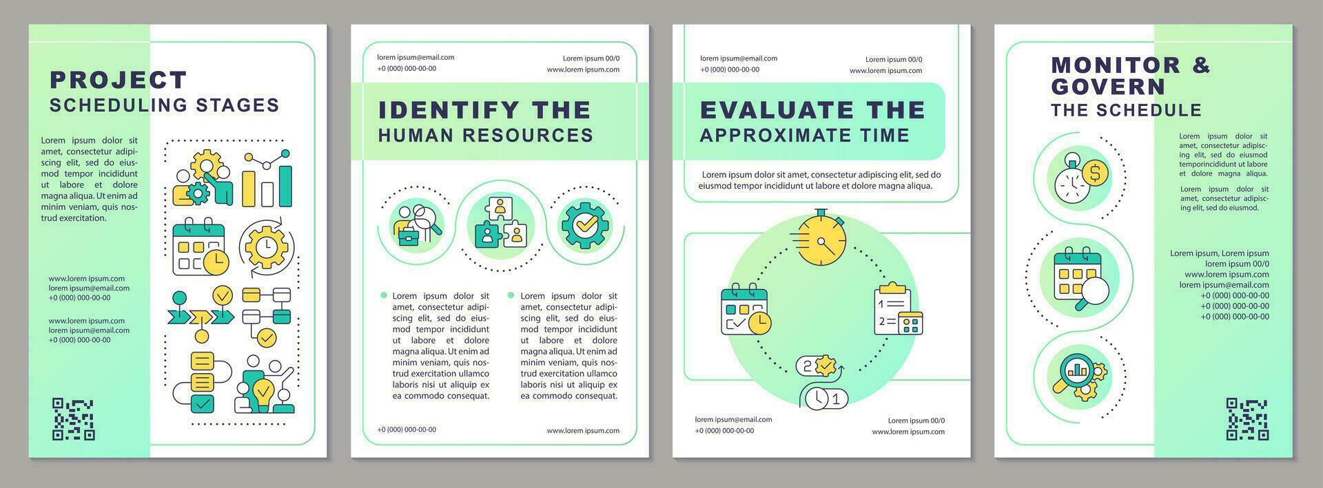 Project scheduling stages green brochure template. Leaflet design with linear icons. Editable 4 vector layouts for presentation, annual reports