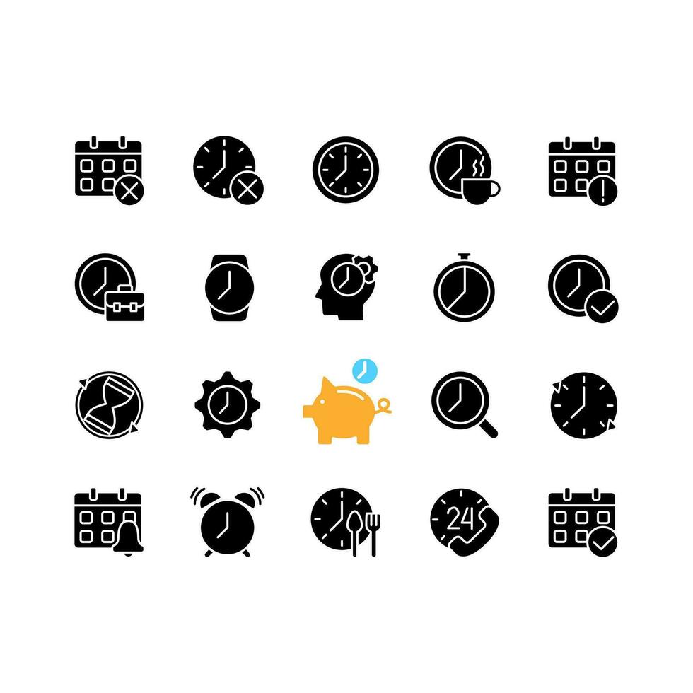 Time and clock black glyph icons set on white space. Working hours. Daily schedule. Tracking deadlines. Productivity management. Silhouette symbols. Solid pictogram pack. Vector isolated illustration