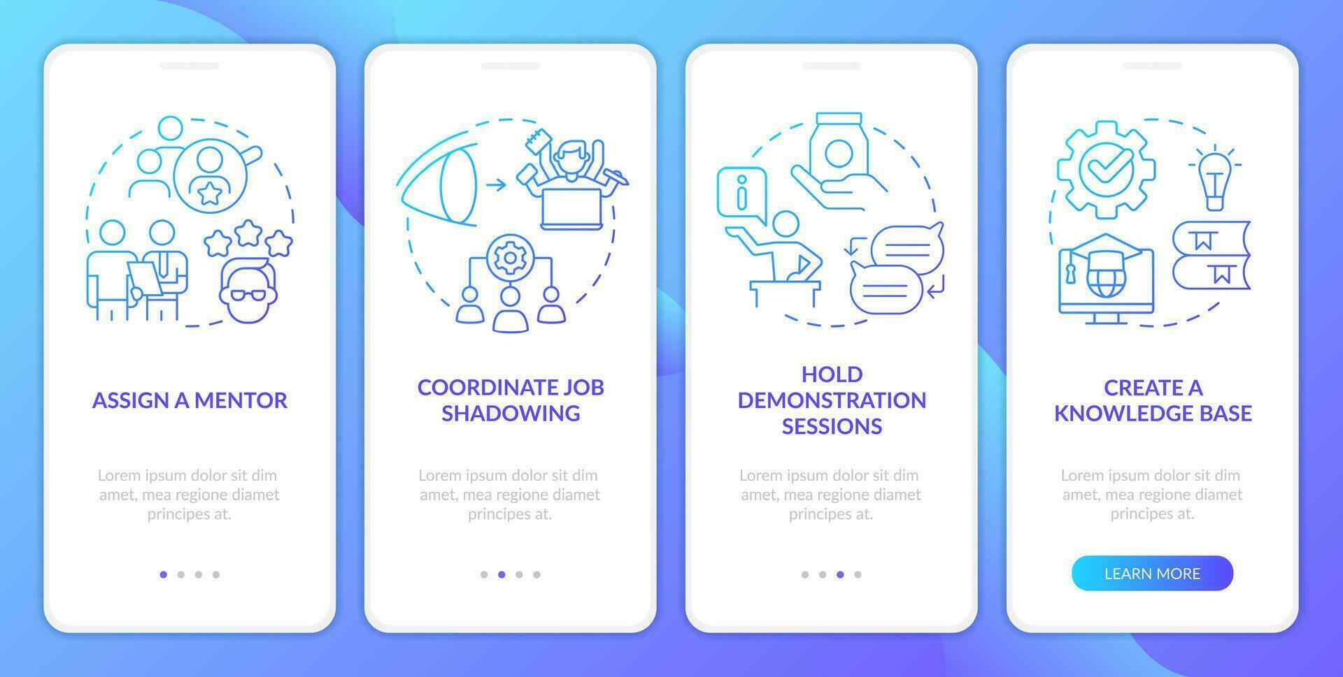 Feature and application training blue gradient onboarding mobile app screen. Walkthrough 4 steps graphic instructions with linear concepts. UI, UX, GUI template vector