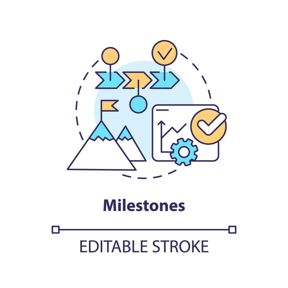 Milestones concept icon. Mark tasks completion. Project plan includes abstract idea thin line illustration. Isolated outline drawing. Editable stroke vector