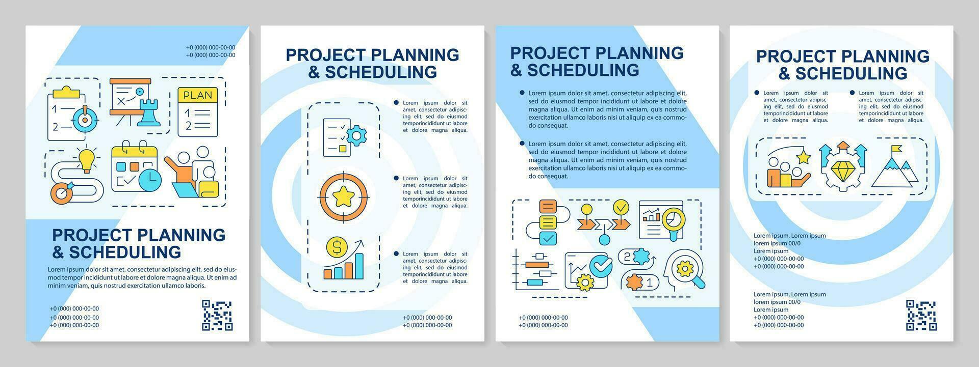 Planning and scheduling of project blue brochure template. Leaflet design with linear icons. Editable 4 vector layouts for presentation, annual reports