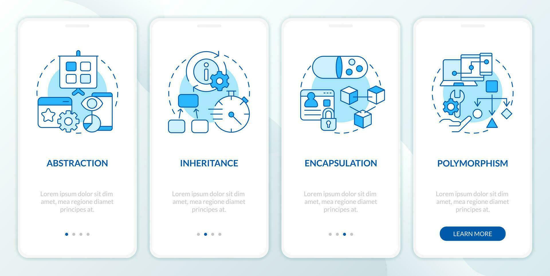 Object oriented programming pillars blue onboarding mobile app screen. Walkthrough 4 steps editable graphic instructions with linear concepts. UI, UX, GUI template vector
