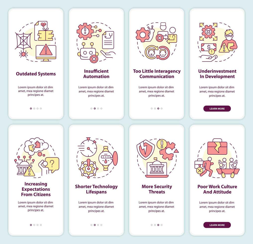 Public sector issues and challenges onboarding mobile app screen set. Walkthrough 4 steps editable graphic instructions with linear concepts. UI, UX, GUI template vector
