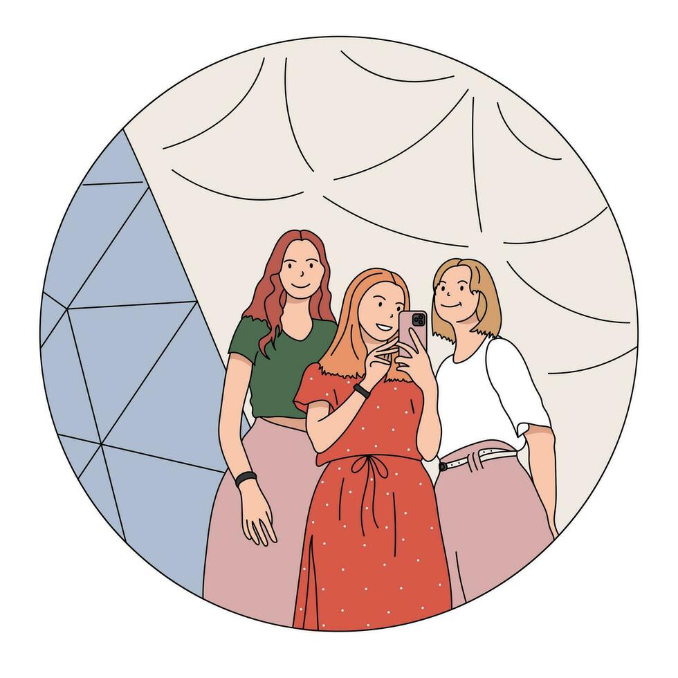 Girls makes selfie in the mirror. Friends or sisters. Women taking picture photo of herself on smartphone. Fashion, Social media concept. Flat outline style. Vector illustration