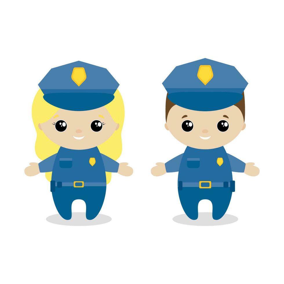 Boy and girl police cartoon style. Set of cute cartoon children in professions. Vector illustration