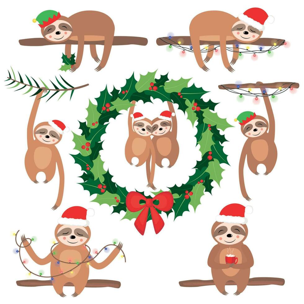 Set Vector illustration with cute sloth in the winter. Christmas and New Year Greeting card.