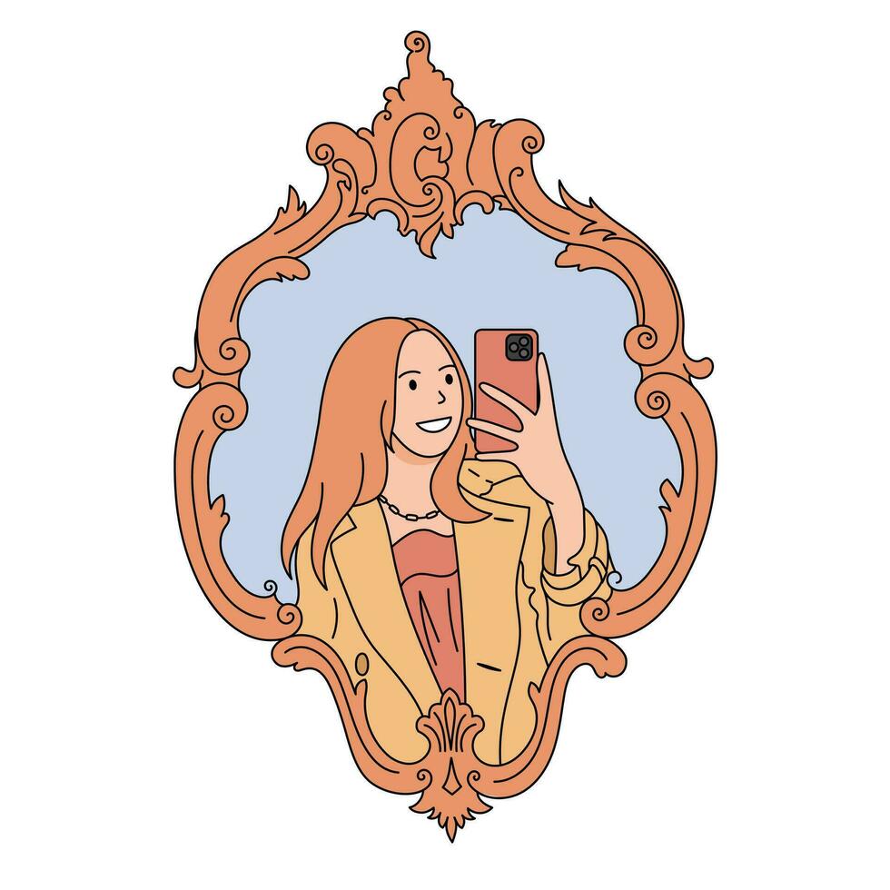 Girl makes selfie in the mirror. Woman taking picture photo of herself on smartphone. Fashion, Social media concept. Flat outline style. Vector illustration