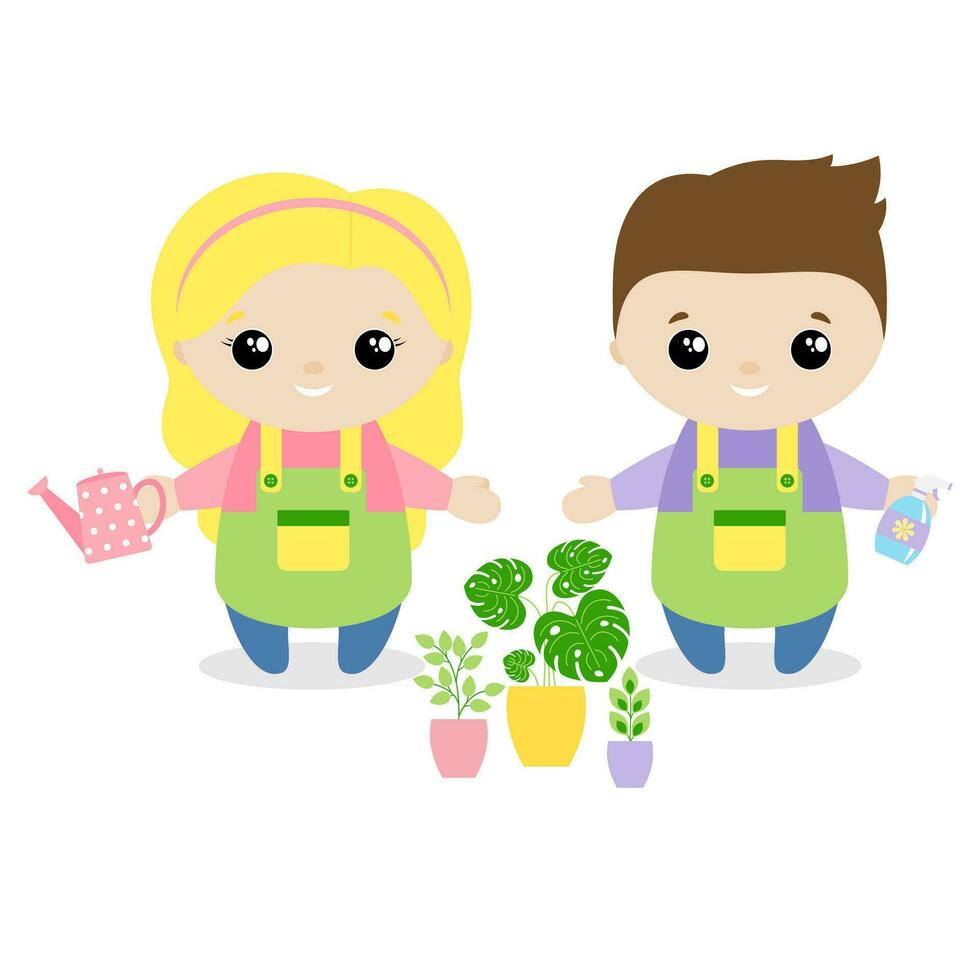 Boy and girl florist cartoon style. Set of cute cartoon children in professions. Vector illustration