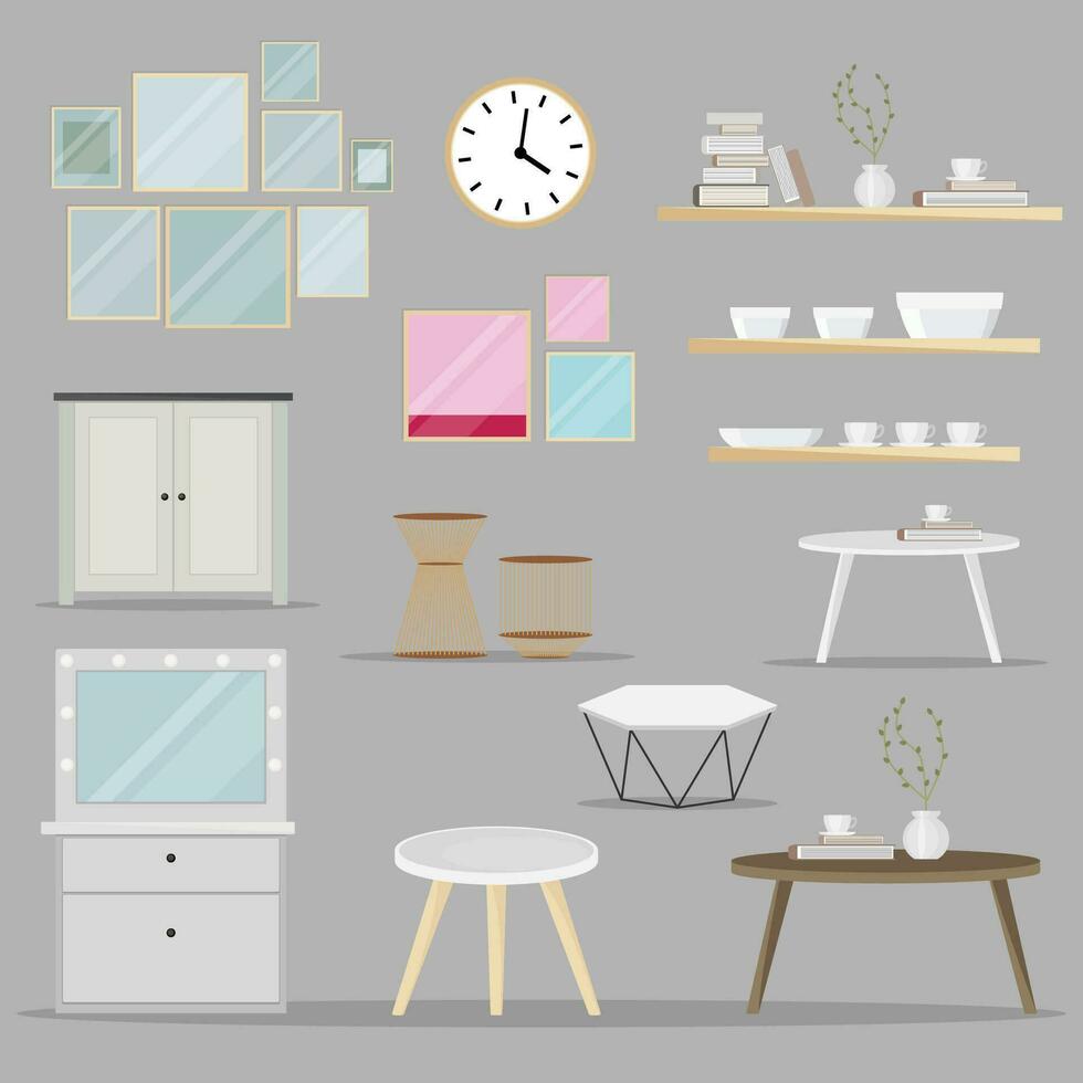 Set of interior elements. Collection of home accessories in flat cartoon style. Vector illustration