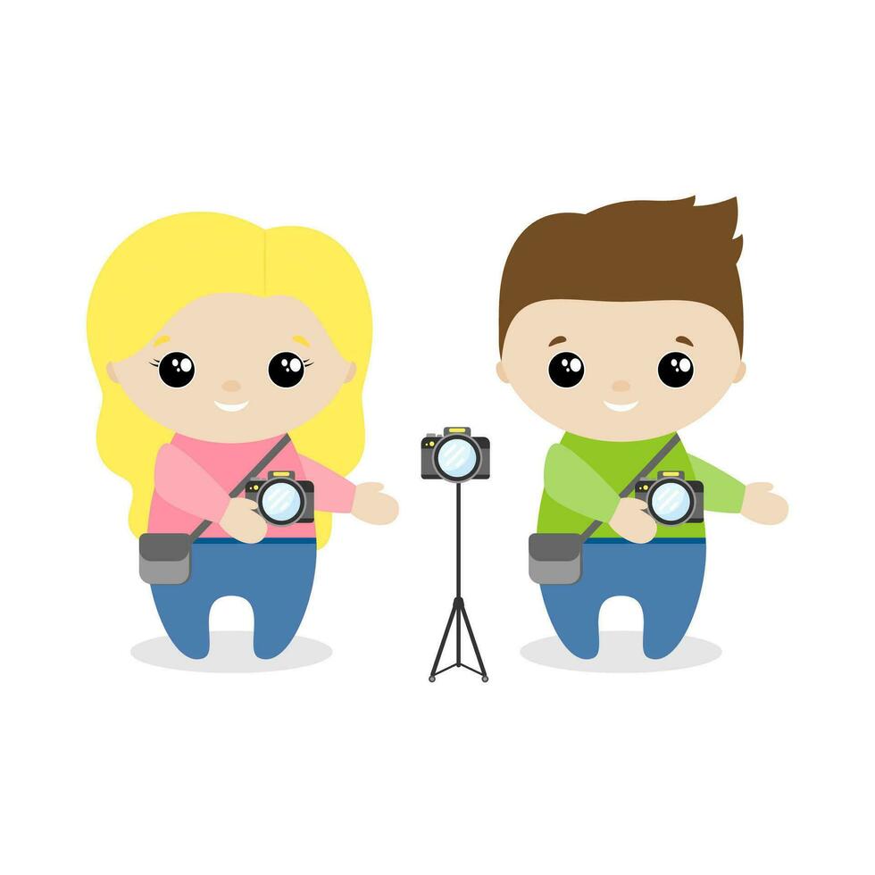 Boy and girl photographer cartoon style. Set of cute cartoon children in professions. Vector illustration