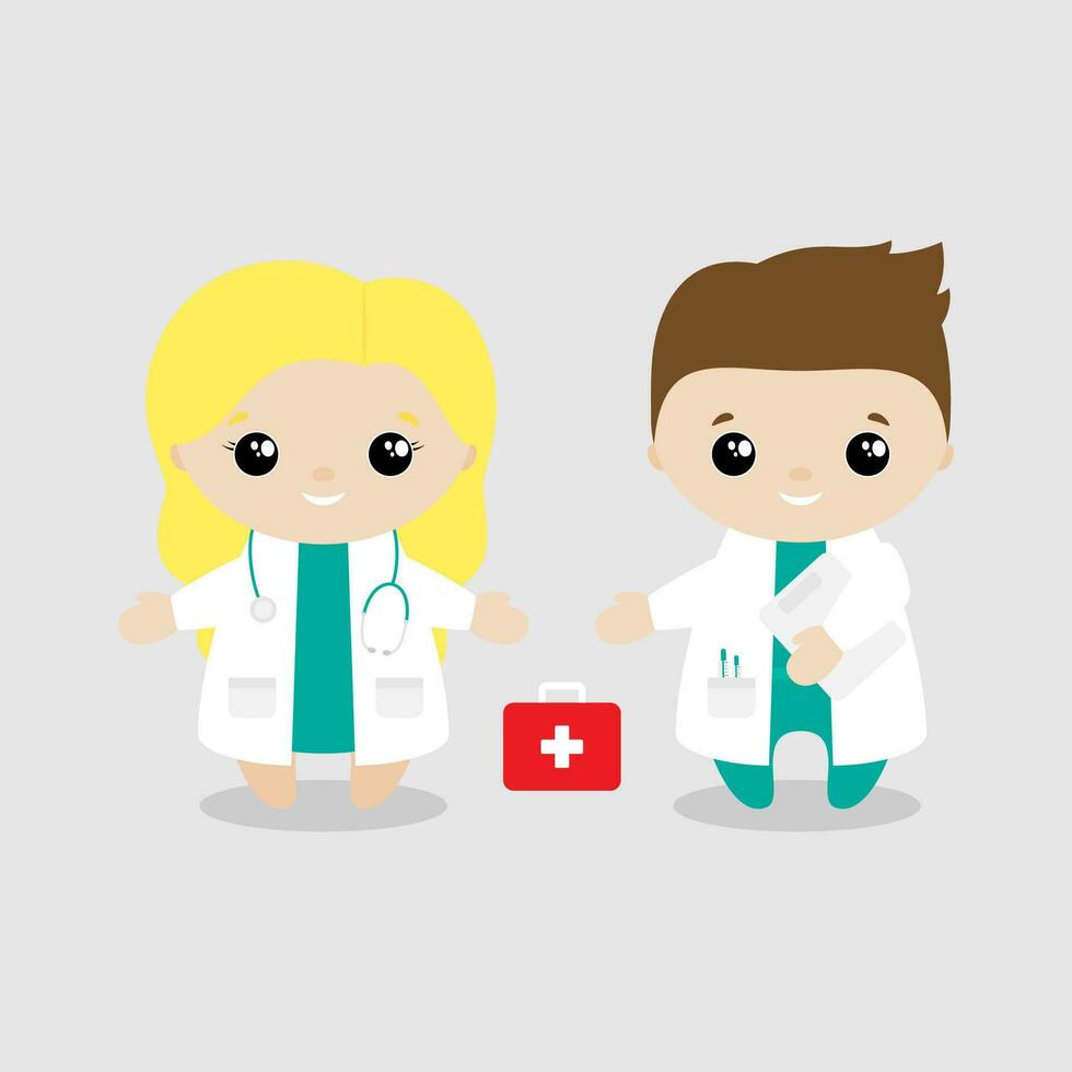 Boy and girl doctor cartoon style. Set of cute cartoon children in professions. Vector illustration