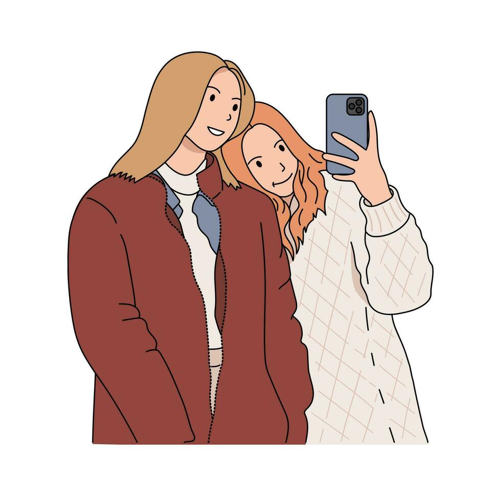 muchachas hace selfie en el espejo. amigos o hermanas mujer tomando imagen foto de sí misma en teléfono inteligente moda, social medios de comunicación concepto. plano contorno estilo. vector ilustración