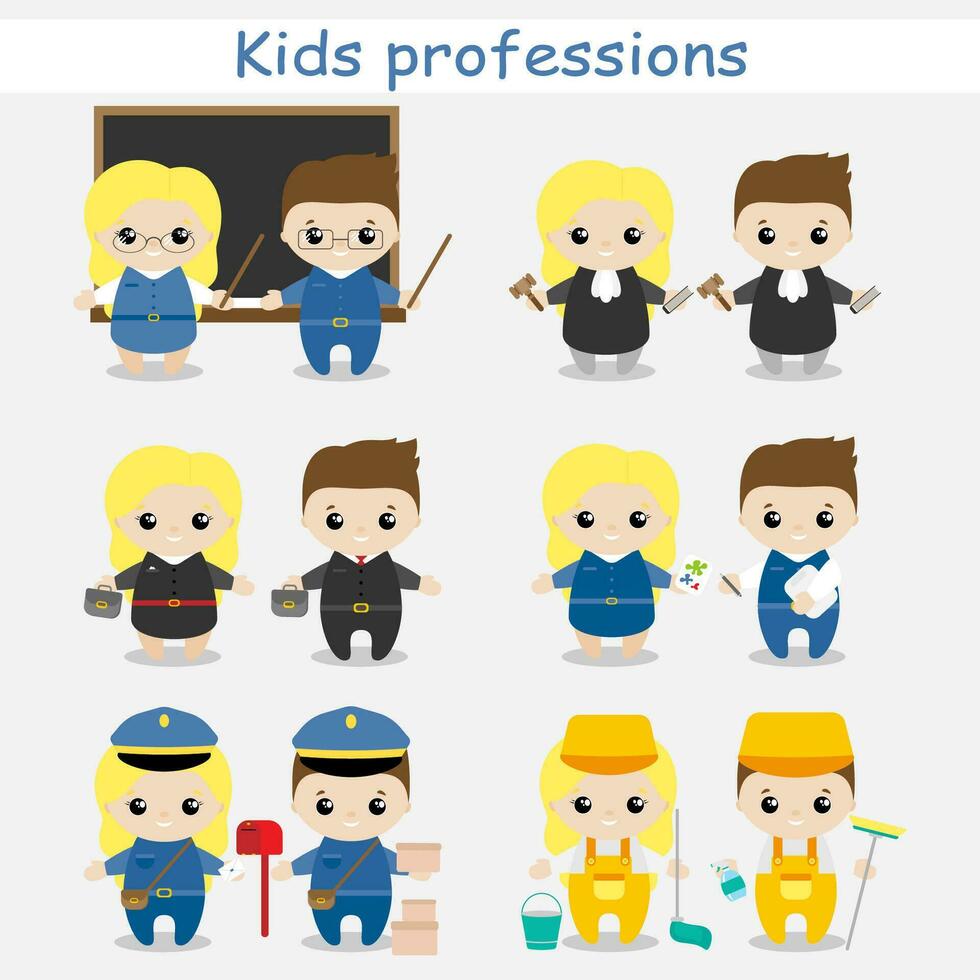 Set of cute cartoon children in professions. Kids in professions. Vector illustration