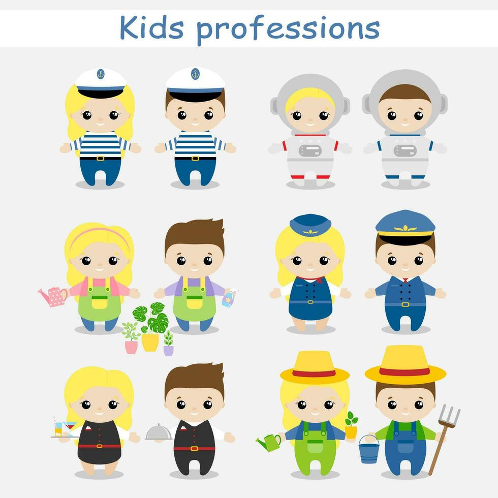 Set of cute cartoon children in professions. Kids in professions. Vector illustration