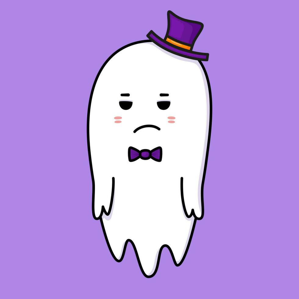 Cute ghost. Halloween ghost character with hat and bow tie. Spooky expression creature. Sticker emoticon with tired, sadness emotion. Vector illustration