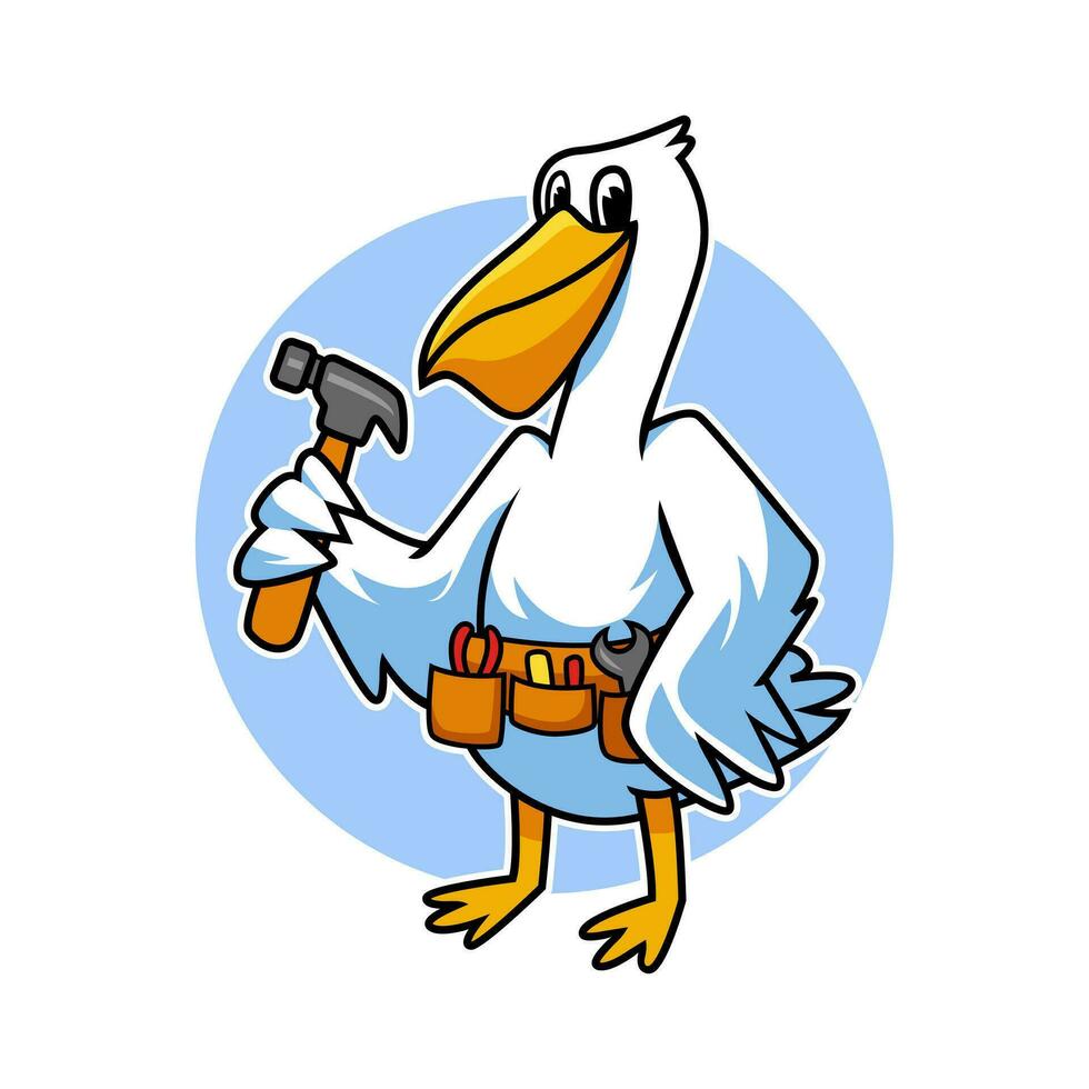 pelican animal cartoon mascot holding hammer and wearing tool belt. mascot for carpenter, builder, construction, maintenance. graphic vector illustration.
