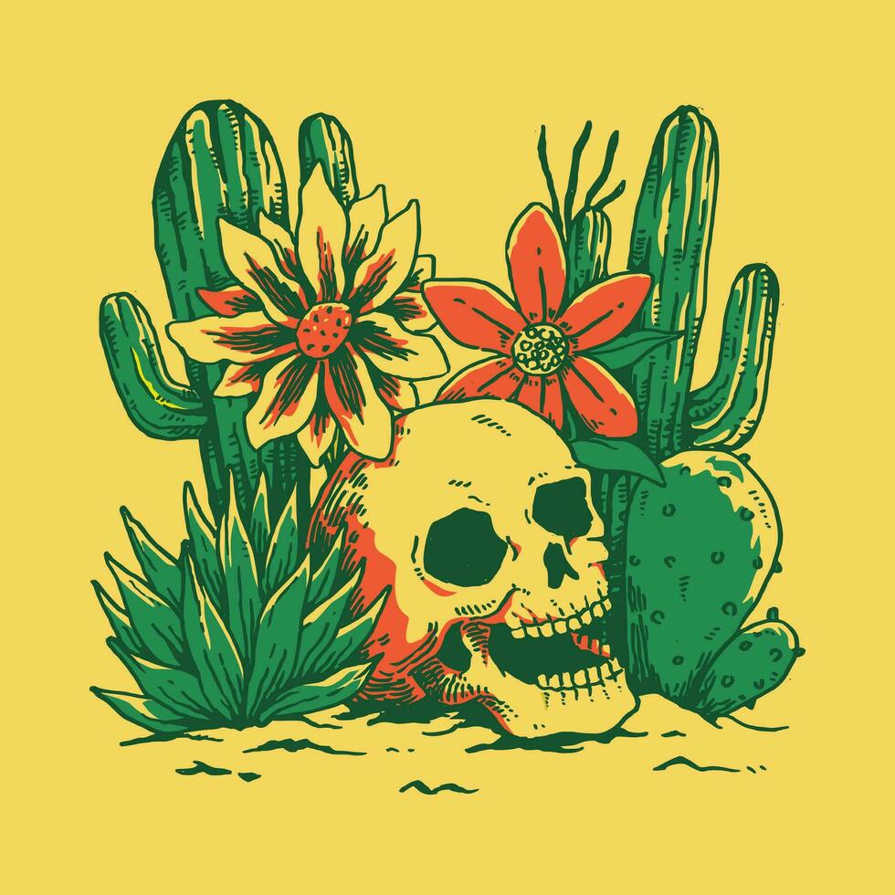 ilustración de un cráneo en varios plantas en el Desierto tal como cactus, áloe, flores mano dibujado estilo, línea arte, vistoso. Perfecto para camiseta, imprimir, pegatina o mercancías. vector gráfico.