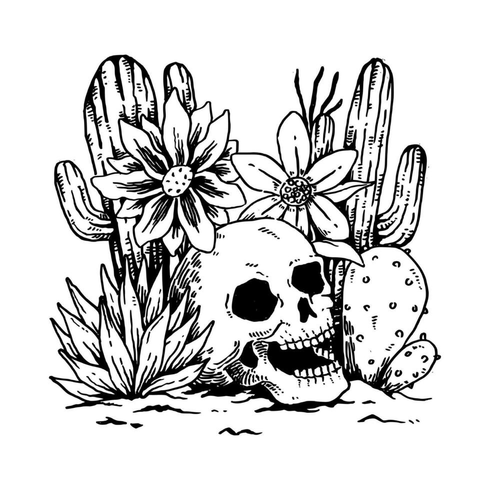 illustration of a skull on various plants in the desert such as cactus, aloe, flowers. hand drawn style, line art. perfect for t-shirt, print, sticker or merchandise. vector graphic.
